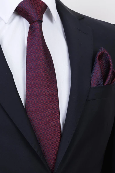 Esgue Hand Made 7.5 cm Bordo Desenli Mendilli Kravat ürün görseli 1