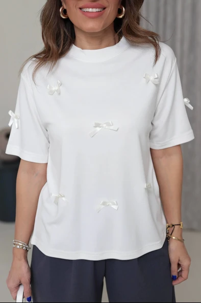 Fiyonklu Beyaz T-Shirt - 2