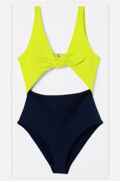 DB20097M SİYAH-NEON SARI ÖNÜ AÇIK FİYONKLU KAPLI MAYO - 2