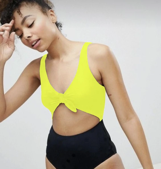 DB20097M SİYAH-NEON SARI ÖNÜ AÇIK FİYONKLU KAPLI MAYO