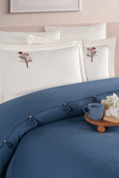 Newhome Çift Kişilik Saçaklı El Nakışlı  %100 Pamuk Lüx Pike Takımı İndigo