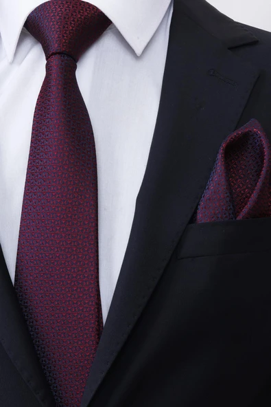 Esgue Hand Made 7.5 cm Bordo Desenli Mendilli Kravat - Resim 2