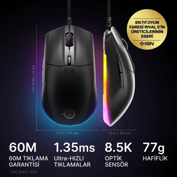 Steelseries Rival 3 Gen 2 RGB Kablolu Gaming Mouse Siyah - 5