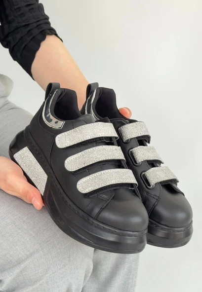 Elika Siyah Cilt Simli Cırt Cırtlı Spor Ayakkabı - Resim 3