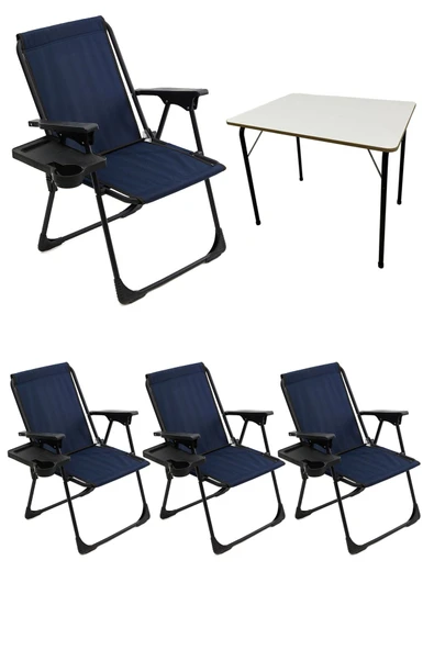 moniev Natura 4 Adet Kamp Sandalyesi Katlanır Sandalye Dikdörtgen Bardaklıklı Lacivert Katlanır Mdf Masa