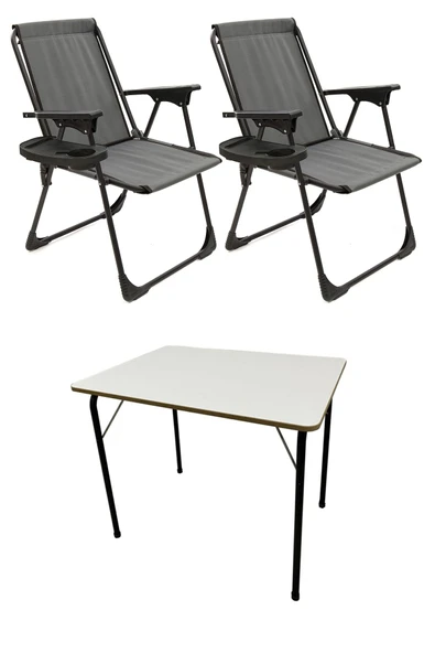 moniev Natura 2 Adet Kamp Sandalyesi Katlanır Piknik Sandalye Oval Bardaklıklı Gri Katlanır Mdf Masa ürün görseli