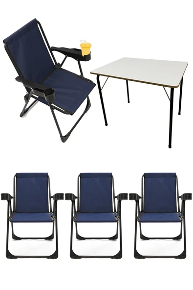 moniev Silva 4 Adet Kamp Sandalyesi Bardaklıklı Lüks Piknik Sandalye Lacivert + Katlanır Mdf Masa