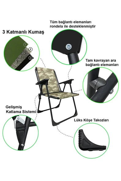 moniev Natura 4 Adet Kamp Sandalyesi Katlanır Piknik Sandalye Oval Bardaklıklı Kamuflaj - 2