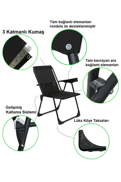 moniev Silva Kamp Sandalyesi Bardaklıklı Lüks Piknik Sandalye Siyah - Resim 2