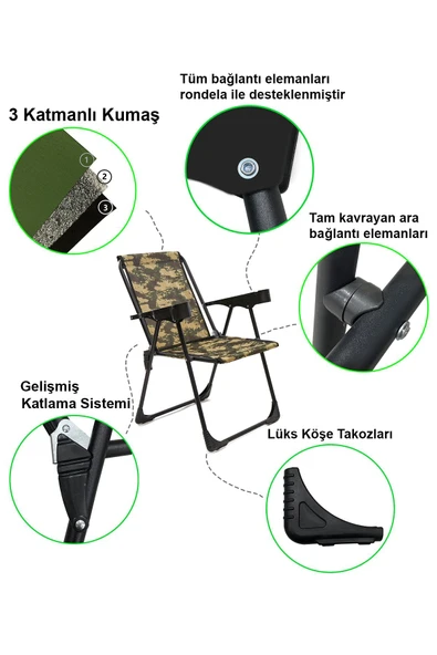 moniev Silva 2 Adet Kamp Sandalyesi Bardaklıklı Lüks Piknik Sandalye Kamuflaj - 2