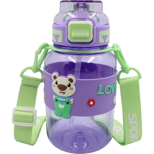 Noki Kids Kilitli Kapak Pipetli Askılı Ayıcıklı Matara 800 ml Mor