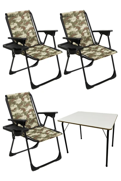 moniev Natura 3 Adet Kamp Sandalyesi Katlanır Sandalye Dikdörtgen Bardaklıklı Kamuflaj Katlanır Mdf Masa