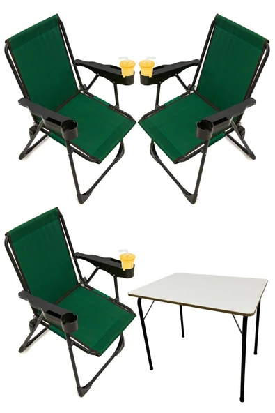 moniev Silva 3 Adet Kamp Sandalyesi Bardaklıklı Lüks Piknik Sandalye Yeşil + Katlanır Mdf Masa ürün görseli