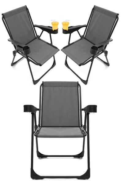 moniev Silva 3 Adet Kamp Sandalyesi Bardaklıklı Lüks Piknik Sandalye Gri