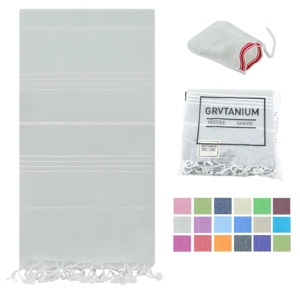 GRVTANIUM Açık Gri %100 Pamuk 180x100cm Peştemal Püsküllü Banyo,Plaj,Hamam Havlusu Kese Hediyeli M2