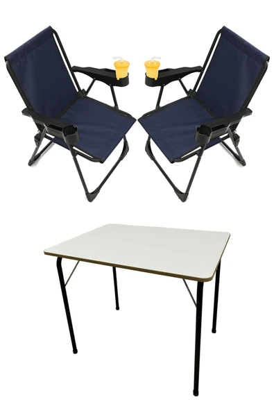 moniev Silva 2 Adet Kamp Sandalyesi Bardaklıklı Lüks Piknik Sandalye Lacivert + Katlanır Mdf Masa