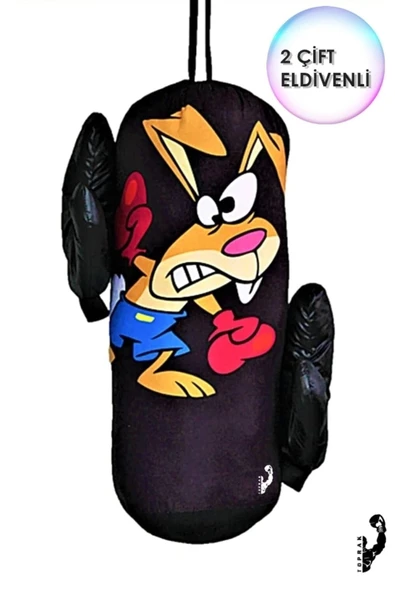 Çocuk Boks Torbası 2 Çift Eldiven Hediyeli Eğlenceli Evde Boks(Unisex Kız-Erkek) Siyah