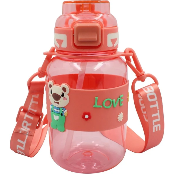Noki Kids Kilitli Kapak Pipetli Askılı Ayıcıklı Matara 800 ml Nar Çiçeği