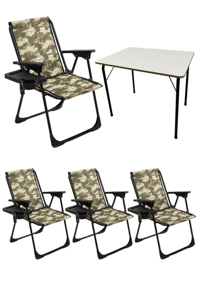 moniev Natura 4 Adet Kamp Sandalyesi Katlanır Sandalye Dikdörtgen Bardaklıklı Kamuflaj Katlanır Mdf Masa ürün görseli