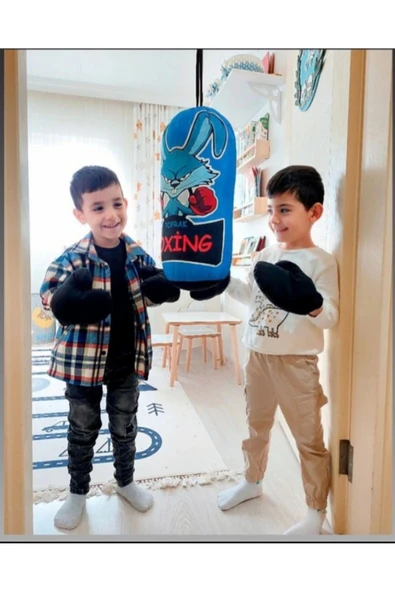 Çocuk Boks Torbası Eldiven Hediyeli Çocuklar İçin Eğlenceli Evde Boks Mavi - 2