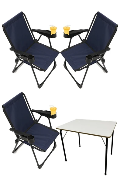 moniev Silva 3 Adet Kamp Sandalyesi Bardaklıklı Lüks Piknik Sandalye Lacivert + Katlanır Mdf Masa ürün görseli