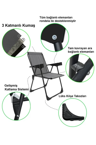 moniev Silva 3 Adet Kamp Sandalyesi Bardaklıklı Lüks Piknik Sandalye Gri - 2