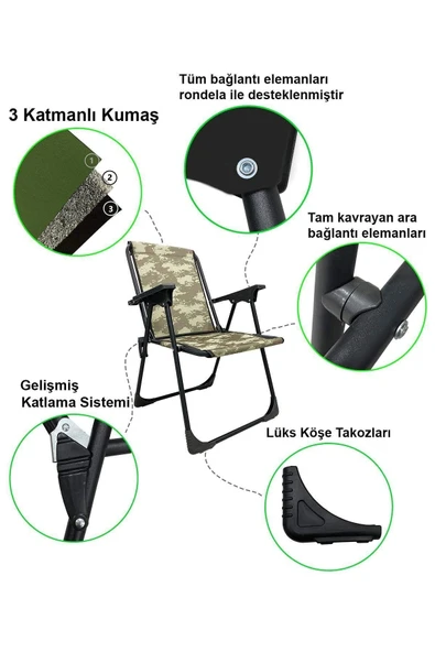 moniev Natura 2 Adet Kamp Sandalyesi Katlanır Piknik Sandalye Oval Bardaklıklı Kamuflaj Katlanır Mdf Masa - 2