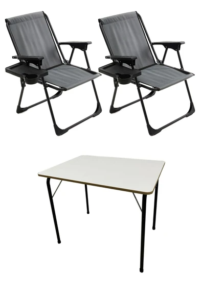 moniev Natura 2 Adet Kamp Sandalyesi Katlanır Sandalye Dikdörtgen Bardaklıklı Gri Katlanır Mdf Masa