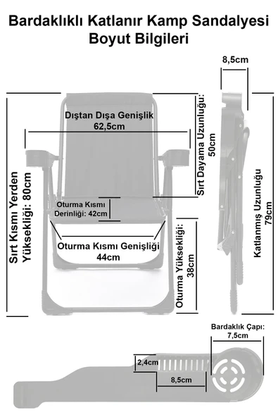 moniev Silva 3 Adet Kamp Sandalyesi Bardaklıklı Lüks Piknik Sandalye Siyah - Resim 5