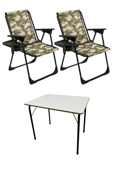 moniev Natura 2 Adet Kamp Sandalyesi Katlanır Sandalye Dikdörtgen Bardaklıklı Kamuflaj Katlanır Mdf Masa