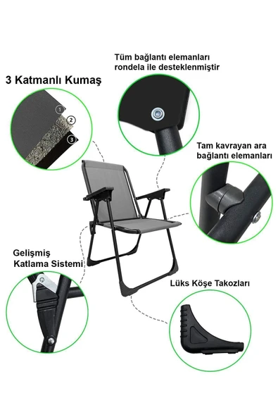 moniev Natura 2 Adet Kamp Sandalyesi Katlanır Piknik Sandalye Oval Bardaklıklı Gri - Resim 2