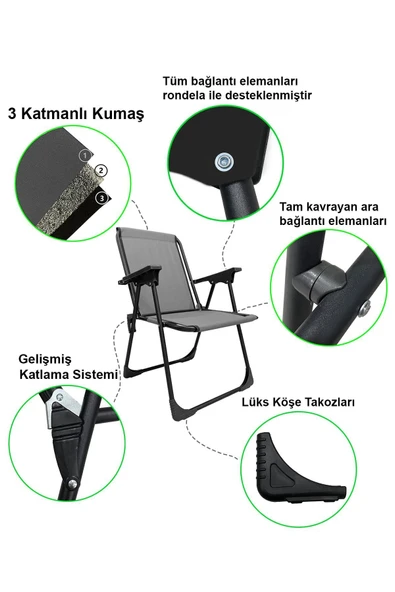moniev Natura 3 Adet Kamp Sandalyesi Katlanır Piknik Sandalye Oval Bardaklıklı Gri Katlanır Mdf Masa - Resim 2
