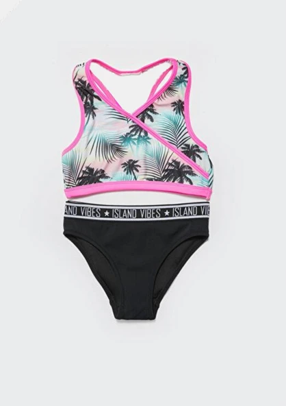 Palmiye baskılı halter kesim kız çocuk bikini takımı DB200723BT
