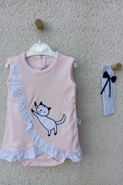 3-9 Ay Kız Bebek Badi Kedili Fırfırlı Bandanalı Pembe