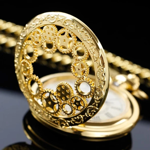Köstekli Çarklı İşlemeli Gold Renk Cep Saati - 6