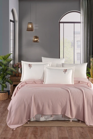Newhome Çift Kişilik Saçaklı El Nakışlı %100 Pamuk Lüx Pike Takımı Pembe - 2