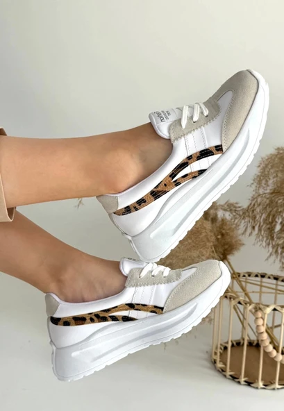 Zitta Beyaz Cilt Leopar Detaylı Spor Ayakkabı - 3