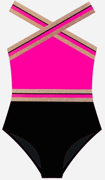 SİYAH-FUŞYA sim detaylı kız çocuk mayo DB200703CM