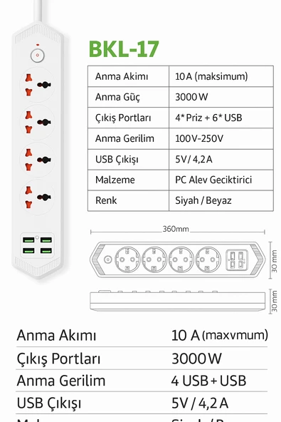 4 FİŞ 4 USB 2 Typ-C Girişli Akım Korumalı Priz  3000W Güç, Maksimum Verim - 3