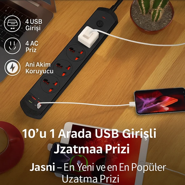 4 FİŞ 4 USB 2 Typ-C Girişli Akım Korumalı Priz  3000W Güç, Maksimum Verim - 5