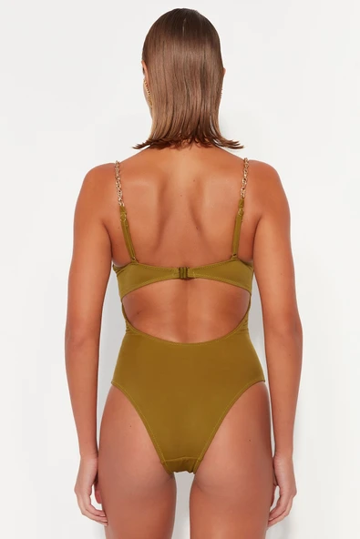 Haki Balenli Zincir Aksesuarlı High Leg Mayo - 6
