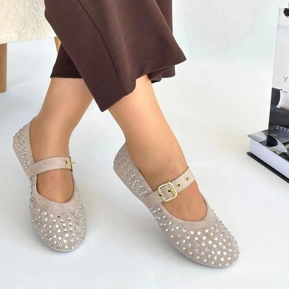 Olise Bej Boncuk İşlemeli Babet Ayakkabı - Resim 5