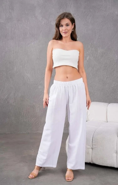 Kadın Keten Beli Lastikli Rahat Bol Paça Pantalon - 10