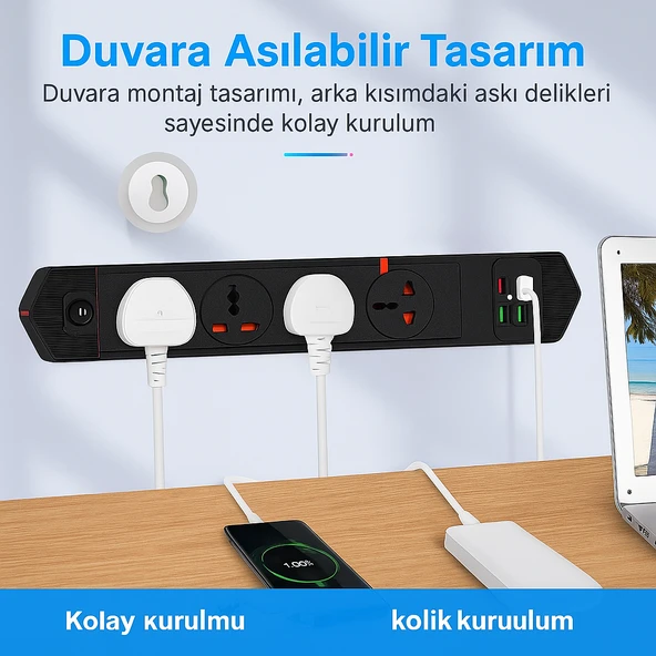 4 FİŞ 4 USB 2 Typ-C Girişli Akım Korumalı Priz  3000W Güç, Maksimum Verim - 4