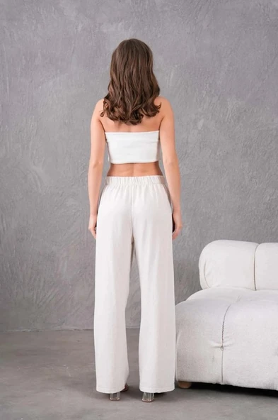 Kadın Keten Beli Lastikli Rahat Bol Paça Pantalon - 3