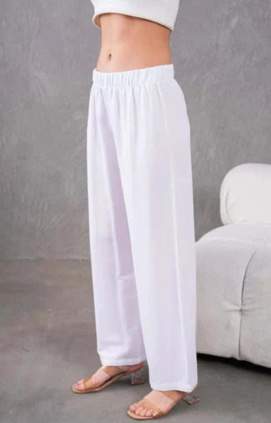 Kadın Keten Beli Lastikli Rahat Bol Paça Pantalon - 7