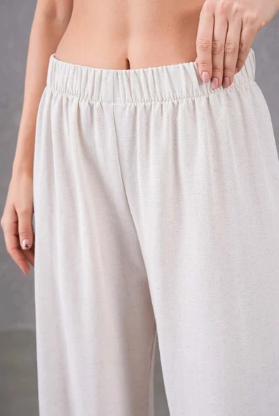Kadın Keten Beli Lastikli Rahat Bol Paça Pantalon - 4