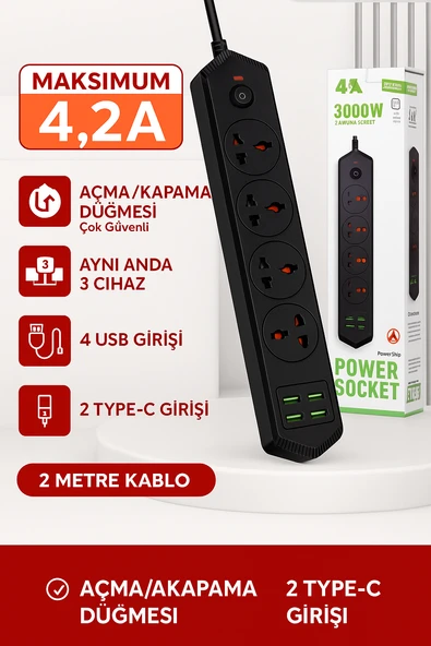 4 FİŞ 4 USB 2 Typ-C Girişli Akım Korumalı Priz  3000W Güç, Maksimum Verim