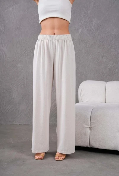 Kadın Keten Beli Lastikli Rahat Bol Paça Pantalon - 2