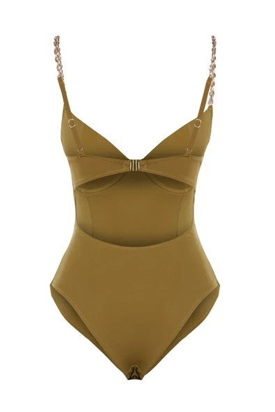 Haki Balenli Zincir Aksesuarlı High Leg Mayo - 8